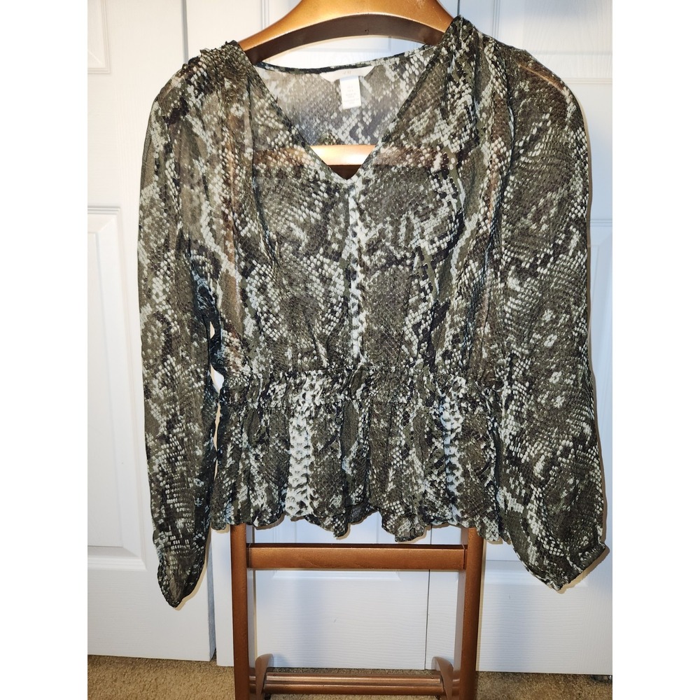 H & M Black Snakeskin Sheer V Neck Blouse Long Sleeves Gathered Waist Size 6